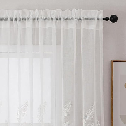 White Sheer Curtains Embroidered Leaf 2 Panels 54 Inches Long | Light Filtering - Image 3