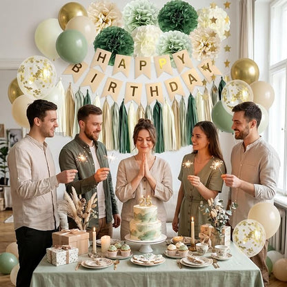 ANSOMO Sage Green Happy Birthday Party Decorations Retro Green Nude Ivory Dark - Image 2