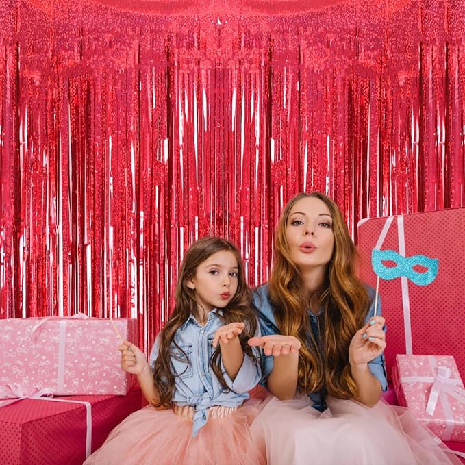 2 Pack 3.2ft x 8.2ft Red Foil Fringe Curtain, Glitter Metallic Tinsel Foil - Image 2