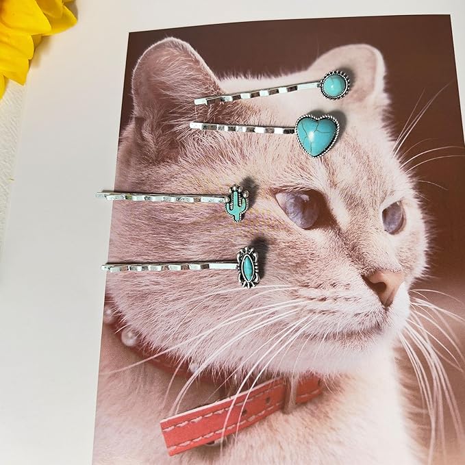 Western Style Hair Bobby Pins 4 Pcs Women's Turquoise Howlite Stone Hair Clip Cowgirl Chic Retro Hair Accessories