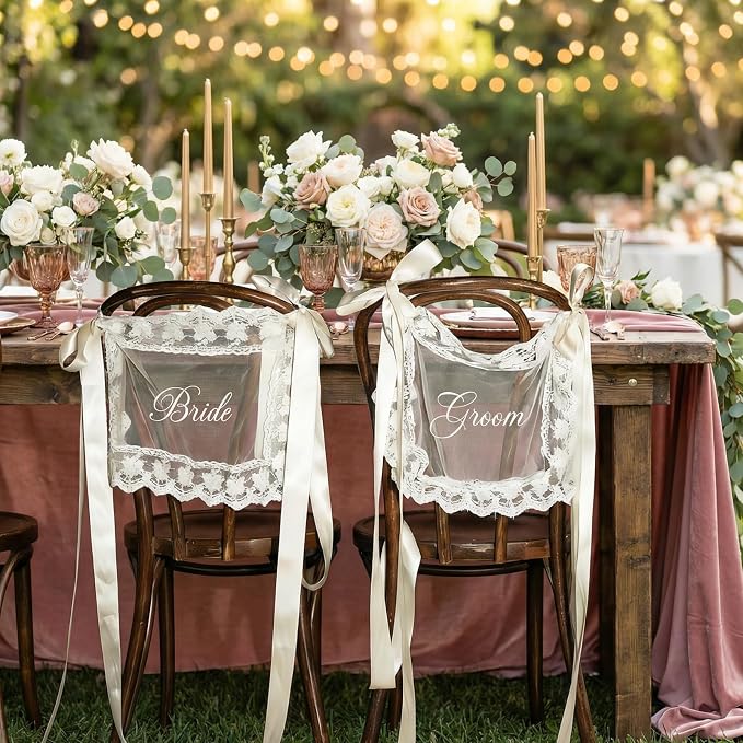 Bride & Groom Chair Signs for Wedding Sweetheart Table Decor Set of 2 | Sheer - Image 7