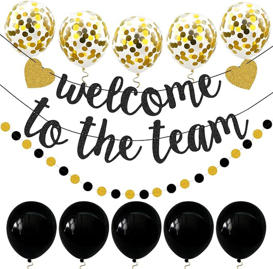 Welcome to The Team Banner Black Gold Glittery Welcome Banner by PEIQICHU