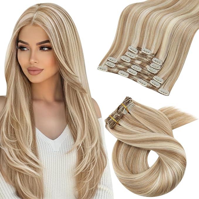 Moresoo Clip in Hair Extensions Brown with Blonde Highlights Clip ins Human Hair Yellow Brown with Platinum Blonde Full Head 120g/7pcs 18 inch