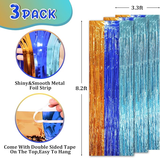 Voircoloria 3 Pack 3.3 x 8.2 ft Blue Orange Foil Fringe Backdrop Curtains - Image 2