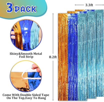 Voircoloria 3 Pack 3.3 x 8.2 ft Blue Orange Foil Fringe Backdrop Curtains - Image 2
