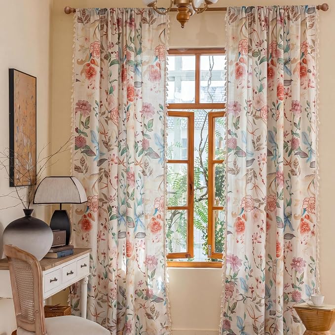 Floral Semi Sheer Rod Pocket Living Room 2 Panel Curtains 96 Inches Long | - Image 2