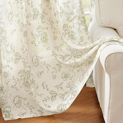 jinchan Green Floral Linen Curtains 84 Inch Vintage Back Tab 2 Panels | Light - Image 6