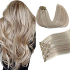 PINKPEARL Clip in Hair Extensions #18P1000 Ash Blonde Highlighted Gray Blonde 7pcs 16 Inch 120g Real Remy Hair Extensions Clip in Human Hair(#18P1000-16)