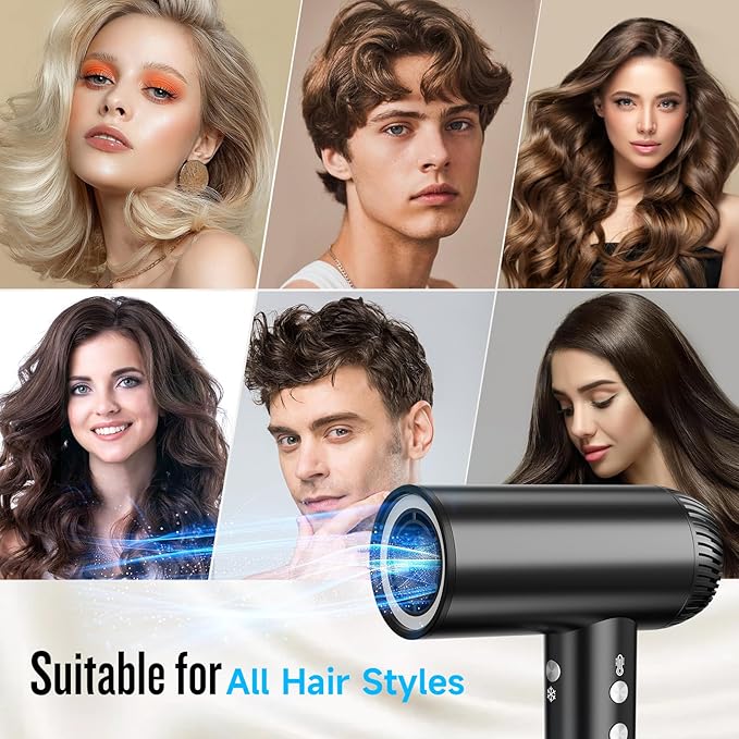 2026 Hair Dryer, 200,000 RPM Professional High Speed Blow Dryer with Diffuser for Women, 1200M Negative Ionic Hair Dryer with Brushless Motor, Low Noise Hair Blow Dryer for Home Travel Salon,Black