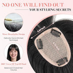 Hairro Human Hair Toppers with Wispy Bangs, 3.5x4.7" Hand-wovened Base for Women with Thinning Hair, Lightweight & Breathable Realistic Scalp, Clip-in Hairpieces for Easy Wear, 10 Inch Jet Black