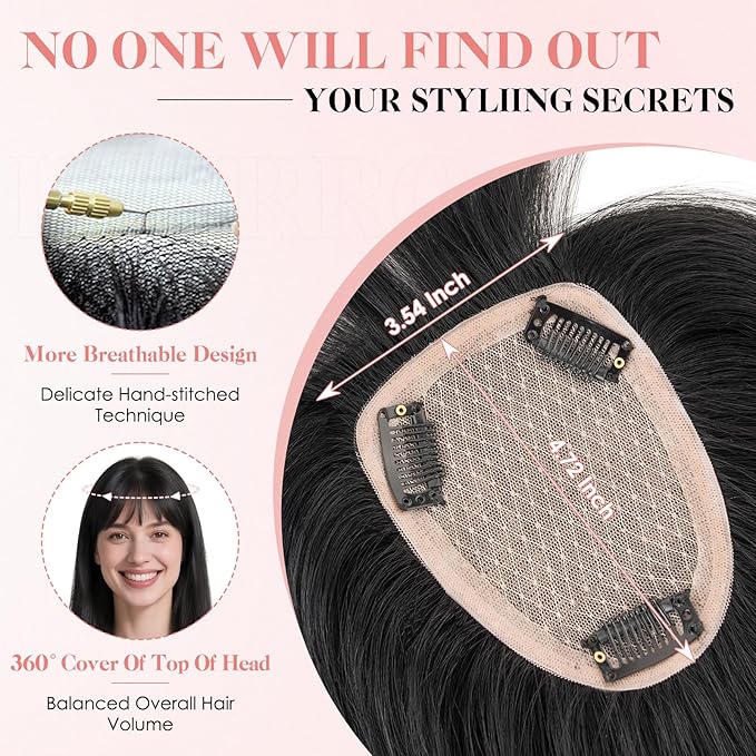 Hairro Human Hair Toppers with Wispy Bangs, 3.5x4.7" Hand-wovened Base for Women with Thinning Hair, Lightweight & Breathable Realistic Scalp, Clip-in Hairpieces for Easy Wear, 14 Inch Jet Black