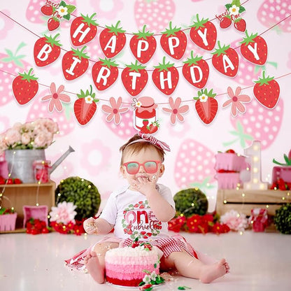 SUNBEAUTY Strawberry Happy Birthday Banner, Berry Sweet Red Fruit Party Hanging - Image 2