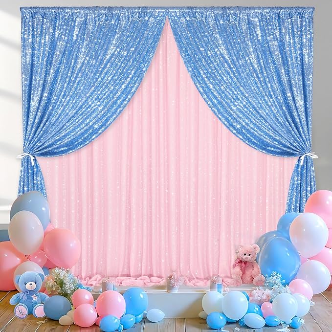 Baby Blue Glitter Sequin Backdrop Curtains 2 Pcs 5FTx10FT Baby Shower Party - Image 7