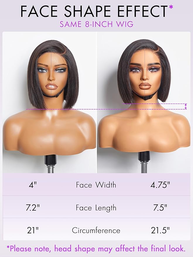 LUVME HAIR 8'' Blunt Cut Bob Wig Human Hair Pre Cut Glueless HD Lace Closure Wig Pre Plucked Mature Boss Side Parted Straigh Human Hair Short Wigs For Women