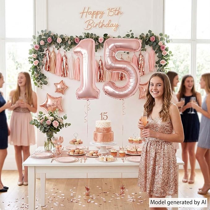 Rose Gold Number 15 Balloon 40 Inch, Radiant Foil Duo - Image 2