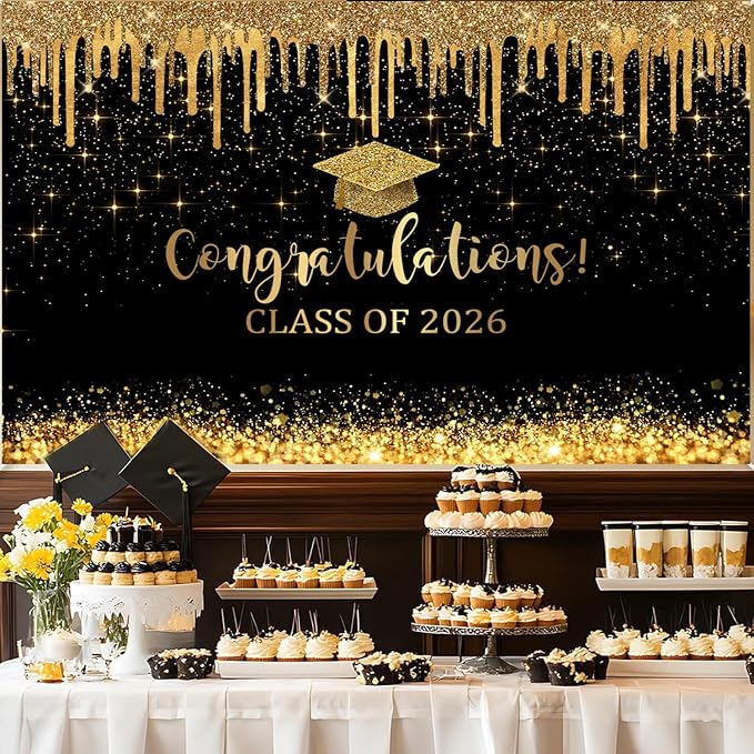 Mocsicka 7x5ft Graduation Backdrop 2026 Black and Gold Graduation Decorations - Image 3