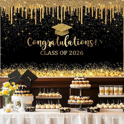 Mocsicka 7x5ft Graduation Backdrop 2026 Black and Gold Graduation Decorations - Image 3