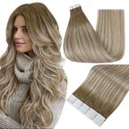 Full Shine Tape Ins Human Hair Extensions 18 Inch Remy Soft Extensions Balayage Color 8 Ash Brown Fading to 60 and 18 Ash Blonde Seamless Skin Weft Tape in Hair Extensions 20 Pcs 50 Grams for Party