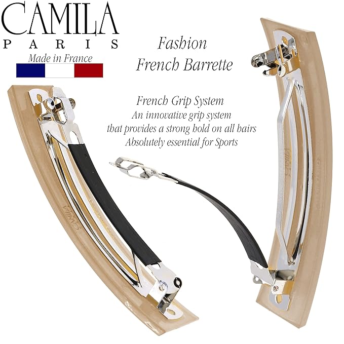Camila Paris CP3189 French Hair Barrette Clip for Girls, Brown, Rubberized Automatic Clasp Strong Hold Grip Hair Clips for Women, No Slip and Durable Styling Girls Hair Accessories, Made in France