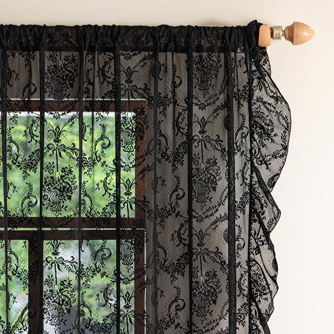 Deeprove Black Lace Curtains 96 Inch Length Set of 2 Panels Pair - Image 3