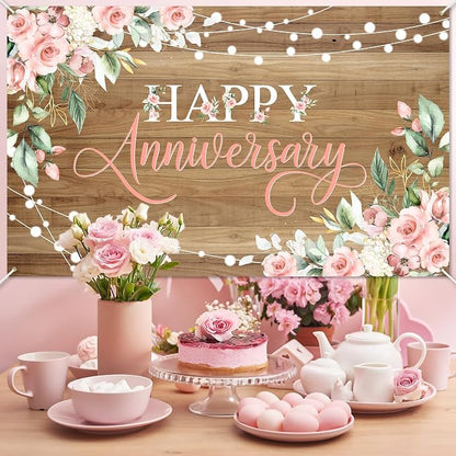 Avezano Happy Anniversary Backdrop Rustic Pink Floral Happy Anniversary Banner - Image 2