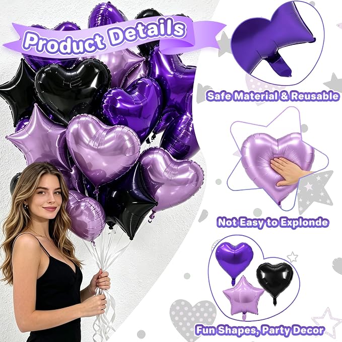 TONIFUL 18 Inch Black Purple Star and Heart Foil Balloons 18PCS Black Purple - Image 4