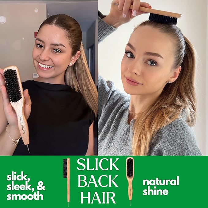 GranNaturals Smoothing & Styling Middle Part Boar Bristle Slick Back Hair Brush w/Narrow Metal Rat Tail End for Sectioning and Parting Sleek Ponytail Bun - Teasing, Backcombing, Edge Control