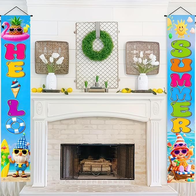 BlissYard 2pcs Welcome Summer Door Banner Hawaiian Gnome Porch Banners Sign - Image 3