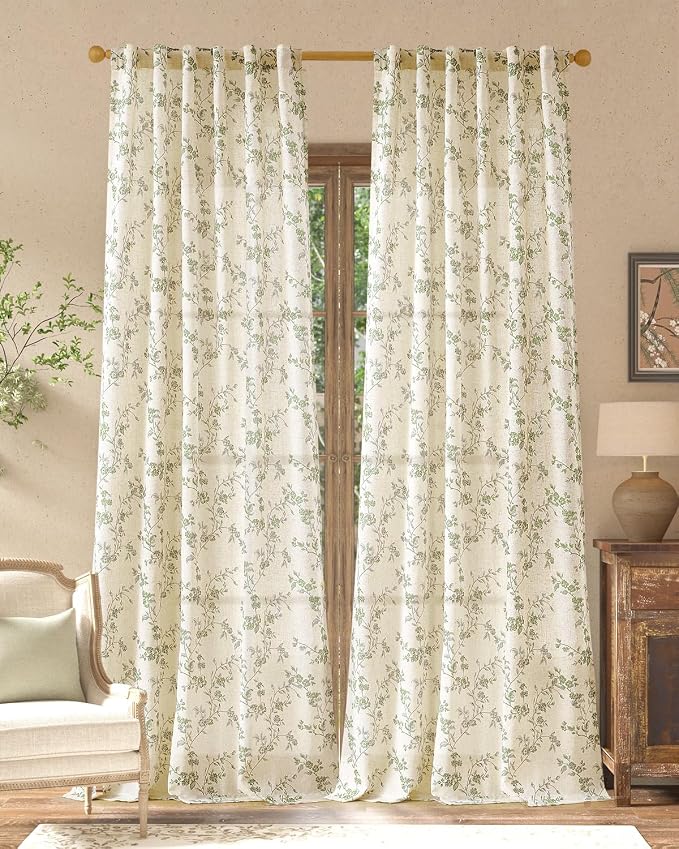 jinchan Green Floral Linen Curtains 96 Inch Farmhouse Back Tab 2 Panels | by JINCHAN