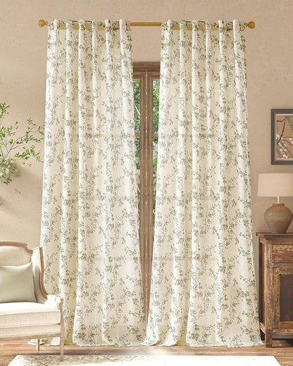 jinchan Green Floral Linen Curtains 96 Inch Farmhouse Back Tab 2 Panels | by JINCHAN