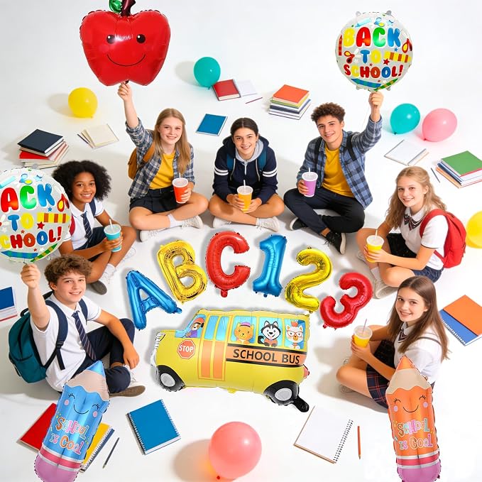 12 Pcs Back to School Balloons, School Bus Balloon, Letter Balloons Pencil Foil - Image 3