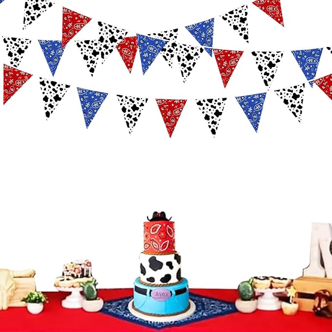 32Ft Western Cowboy Party Decorations Red Paisley Blue Bandana Pennant Banner - Image 3