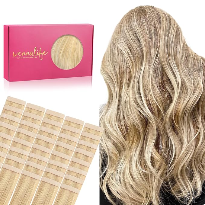 WENNALIFE Tape in Hair Extensions Human Hair, 40pcs 120g 26 inch Light Blonde Highlighted Golden Blonde Hair Extensions Real Human Hair Straight Tape in Extensions Invisible Human Hair Extensions