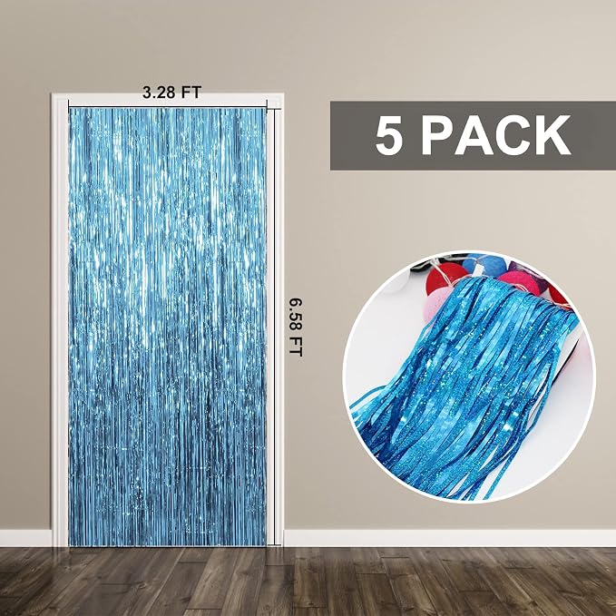 5 Pack Foil Curtain Backdrop Blue Metallic Tinsel Foil Fringe Curtains Photo - Image 7