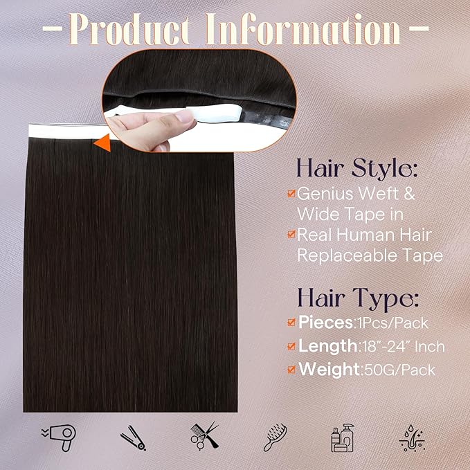 Full Shine Invisible Tape in Hair Extensions Color Dark Brown PU Wide Tape in Weft Hair Extensions Seamless Remy Double Sided Tape ins Extensions 50G 24Inch Straight Hair One Piece for Wedding