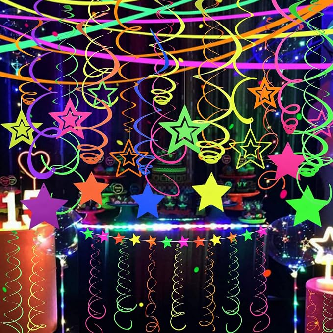 52 PCS UV Neon Rainbow Ceiling Swirl Decoration Hanging Streamer - Image 2