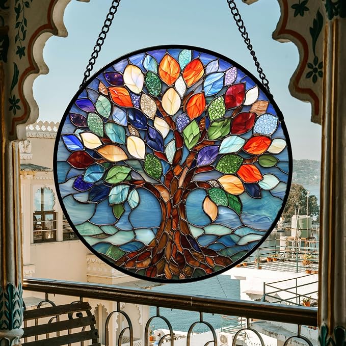 DASTOLL Stained Glass Window Hanging, Colorful Tree of Life Sun Catchers Glass - Image 3