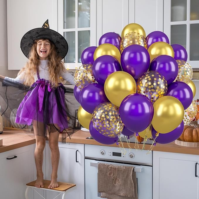 Paready Purple and Gold Balloons, 12 Inch Retro Purple Metallic Gold Confetti - Image 6