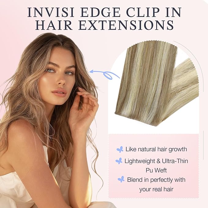 DOORES Invisi Edge Clip in Hair Extensions 22 inch 150g 7pcs, Virgin Invisible Seamless Clip in Extension Real Human Hair Injected Clipins Straight, P8/60 Light Brown Highlighted Medium Blonde