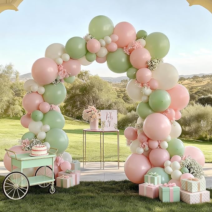 FunHot Sage Green Pink Balloons, 12 Inch Light Yellow Ivory Latex Balloons - Image 4