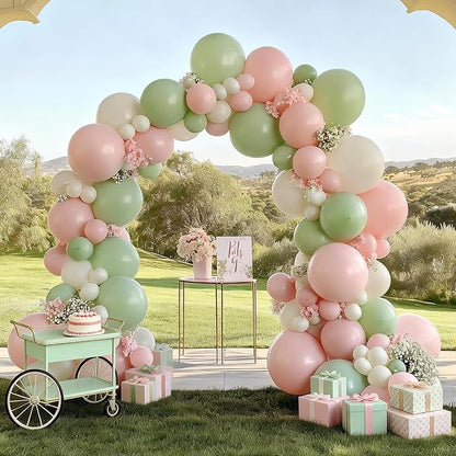 FunHot Sage Green Pink Balloons, 12 Inch Light Yellow Ivory Latex Balloons - Image 4