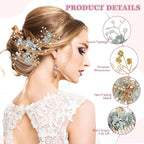 Wedding Flower Hair Accessories for Women: 4pcs Leaf and Flower Hair Combs for Women Accessories - Crystal Pearl Wedding Flower Clips Headpiece for Brides Bridesmaids Girls Updo (Green)