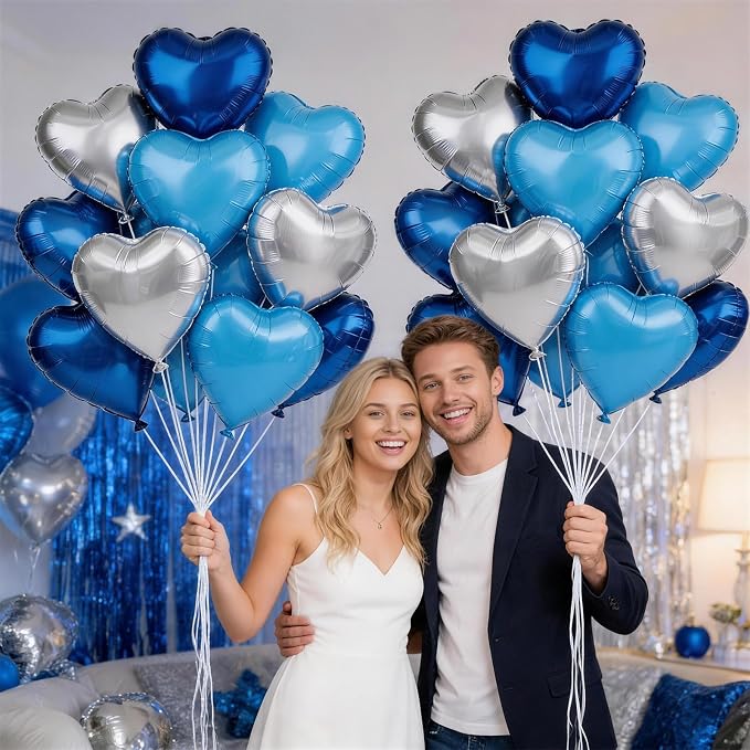 Blue Silver Heart Balloons, 18Inch Blue Silver Helium Balloon - Image 3