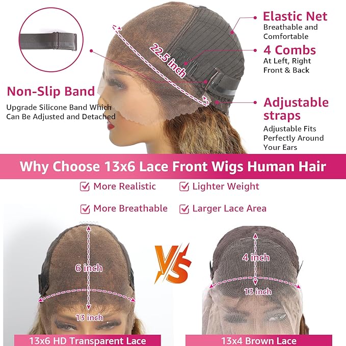 Honey Blonde Deep Wave Lace Front Wigs Human Hair 200 Density 13x6 HD Lace Front Wigs Ombre Human Hair Wig Glueless P4/27 Highlight Wig for Women Pre Plucked with Natural Hairline (22 Inch)