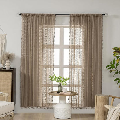WAZZIO Boho Lace Curtains 72 Inches 2 Panel, Light Filtering Privacy Tassel & - Image 2