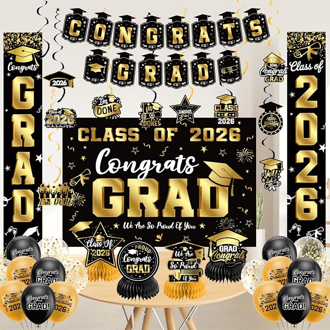 Graduation Decorations 2026 Set Black Gold, Congrats Grad Decor Set - Image 6