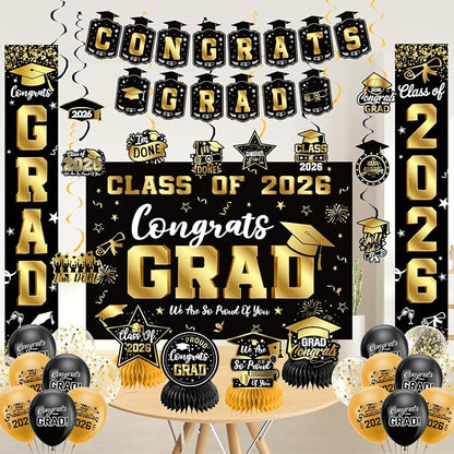 Graduation Decorations 2026 Set Black Gold, Congrats Grad Decor Set - Image 6