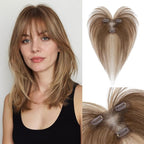 Hair Topper Human Hair Curtain Air Bangs Topper for Women, T-part Lace Base Real Human Hair Topper Hair Piece for Daily Wear(Air Bangs,Medium Brown & Dark Blonde)