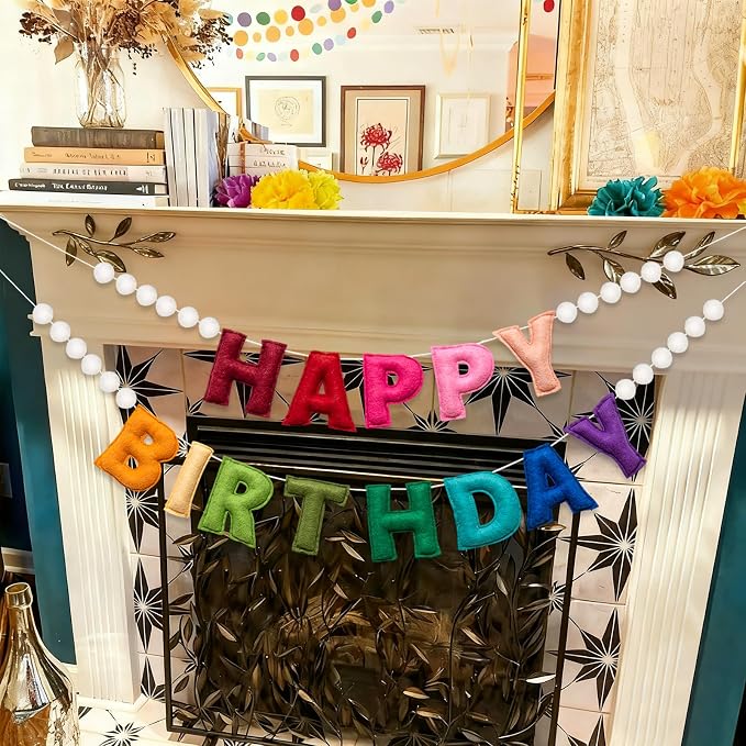 2Pcs Pre-Strung 3D Soft Wool Felt Happy Birthday Banner, Felt Ball Garland | - Image 4