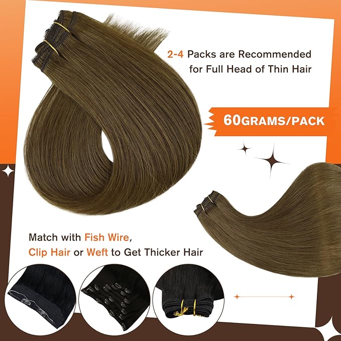 Full Shine Brown Clip in Hair Extensions Color 4 Chocolate Brown Seamless Clip in Hair Extensions Human Hair Straight Natural Hair Invisible Hair Extension Lace Weft 14 Inch 3 PCS 60 G